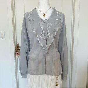 Vintage Josephine Elegant Blue Gray Women's Top Blouse